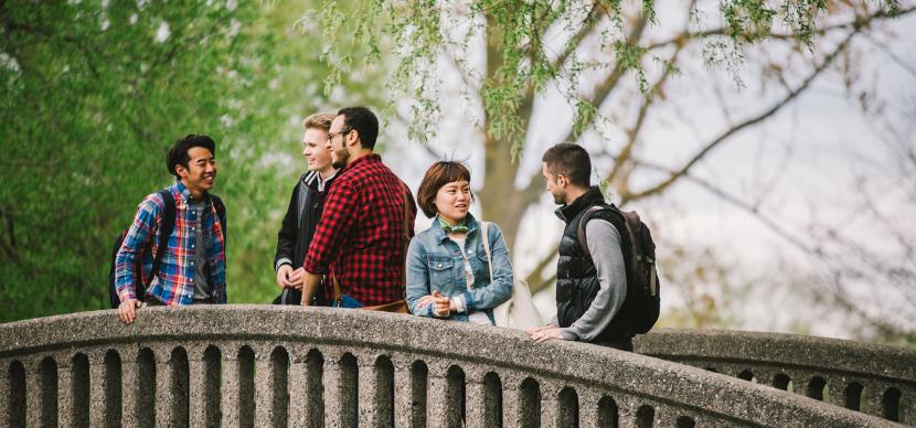 students talking together on a bridge