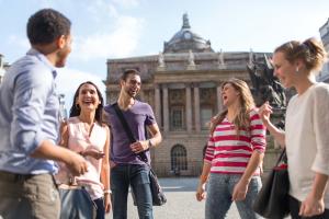 students laughing together in Liverpool