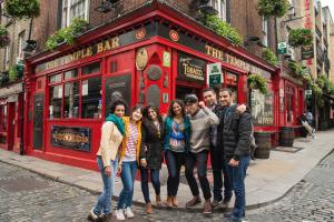 students in front of a Dublin pub